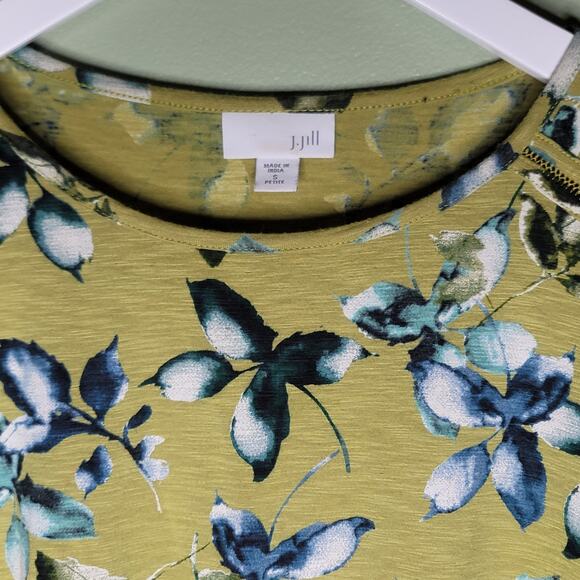 J Jill Green Floral Top Small Petite T-Shirt Round Neck Long Sleeve Casual - Picture 3 of 6